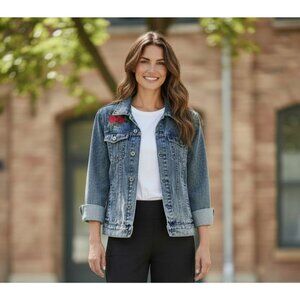 Stone Washed Denim Jean Jacket Red Rose Floral Embroidery Size S Pockets Cotton